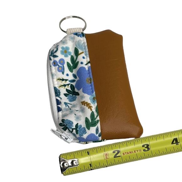 Vegan Leather Floral Mini Coin Purse Zip Pouch Key Ring Ear Bud Case 4" Bag Blue - Picture 5 of 7